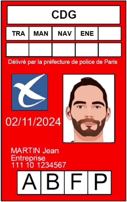 Badge aéroportuaire CDG (titre de circulation) avec les zones TRA et MAN