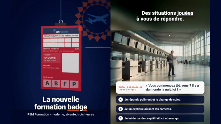 Formation sûreté 11.2.6.2 en ligne : le badge qui se construit étape par étape et une situation jouée dans un hall d’aéroport