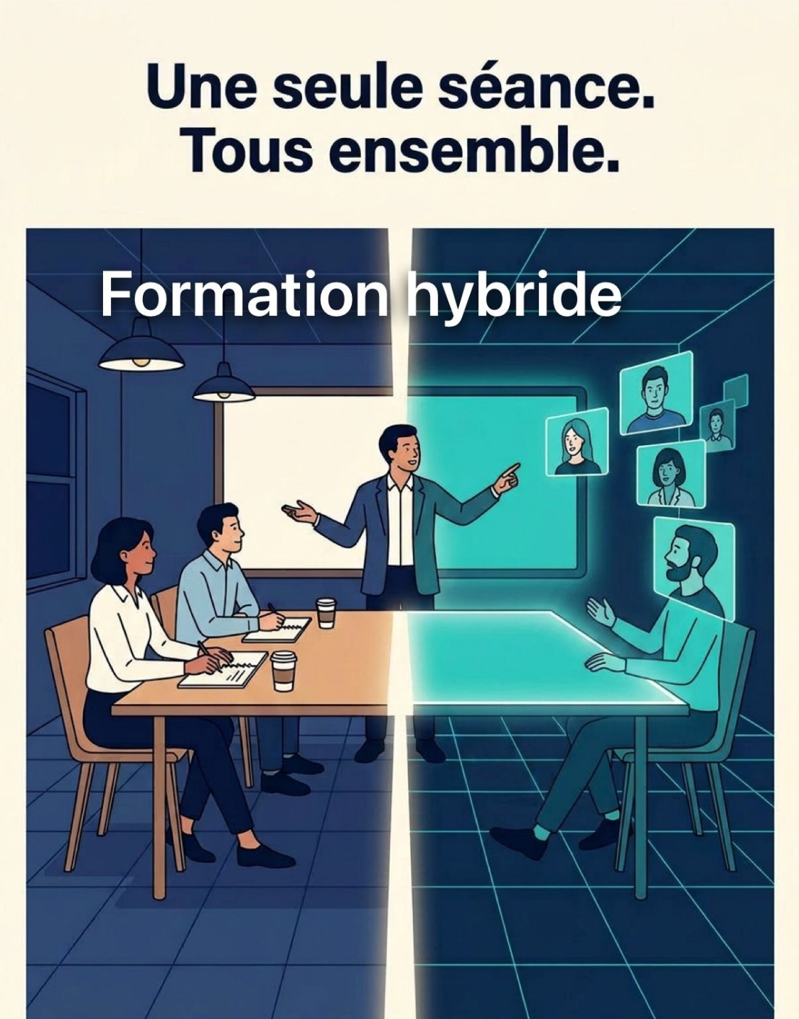 Formation hybride : une partie des stagiaires en salle, les autres à distance, dans une seule séance